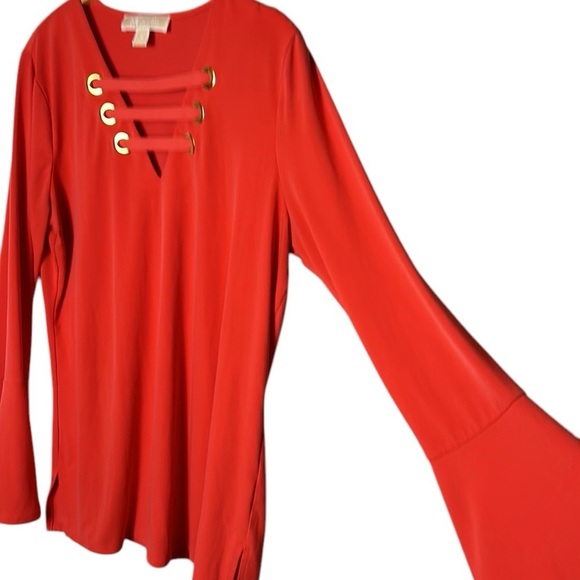 Micheal Kors,blouse,Tulip sleeve ,cut out,metal logo blouse in coral color.EC - Picture 3 of 15